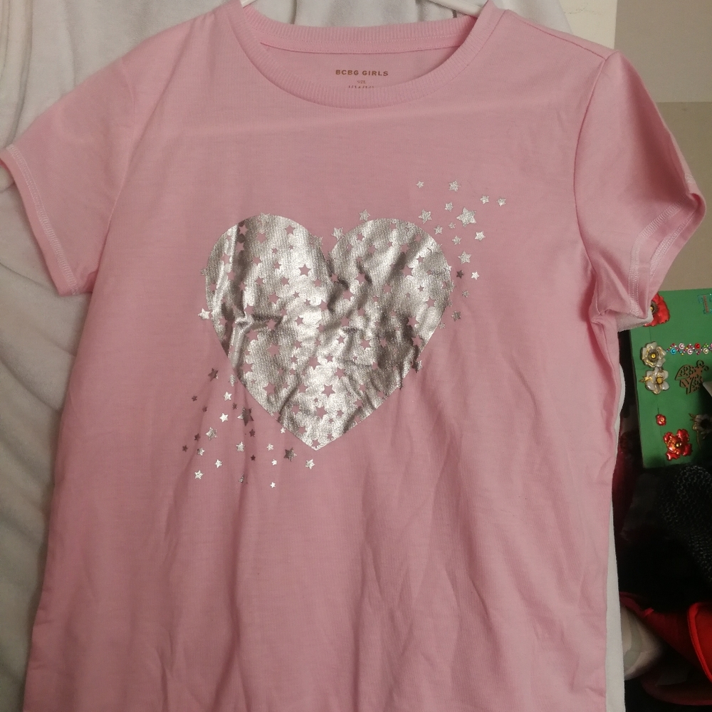 BCBG GIRLS pink short sleeve T-shirt with silver heart and silver stars design